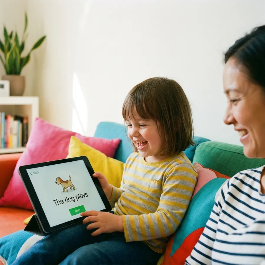 Child happily using tablet for reading