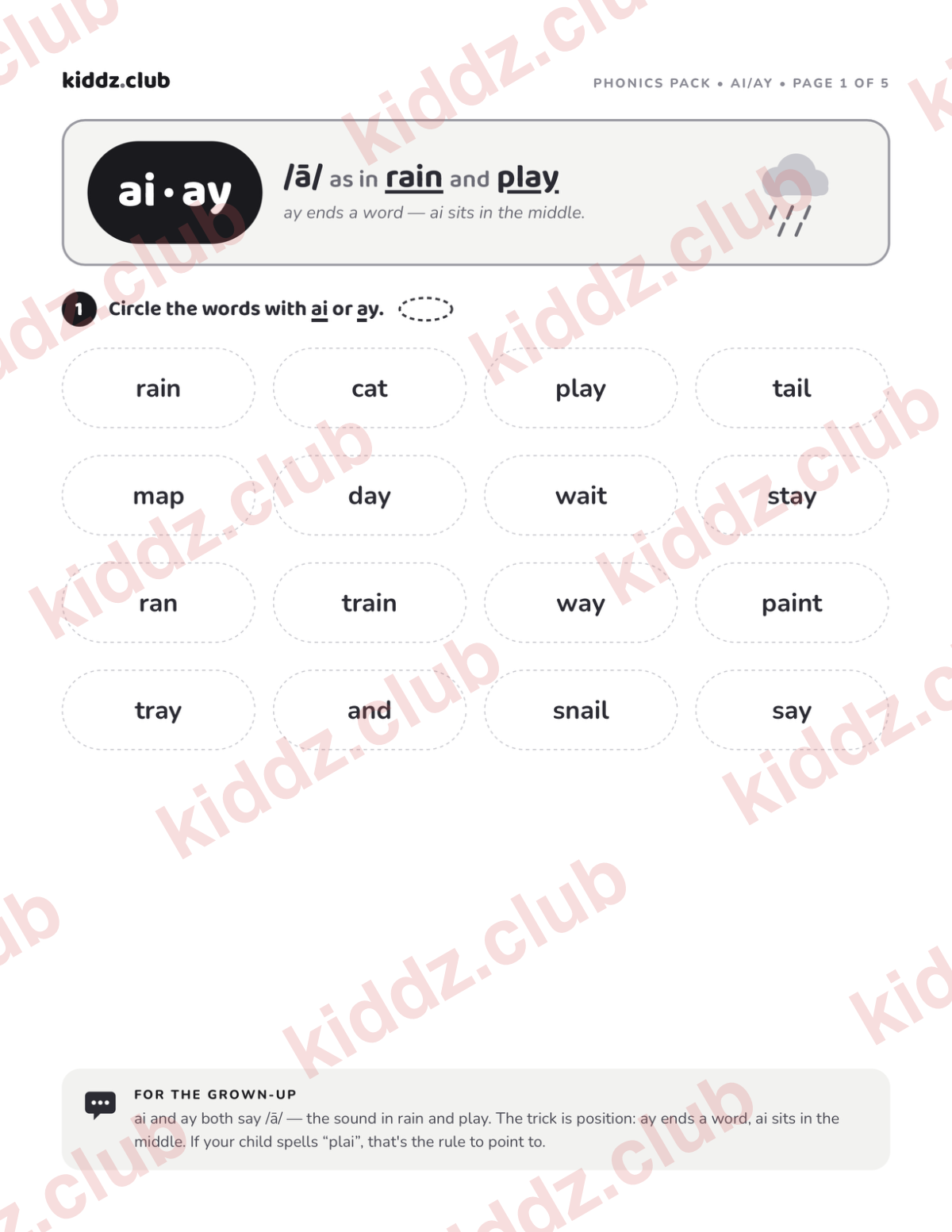 Preview of the free printable ai and ay phonics activity pack