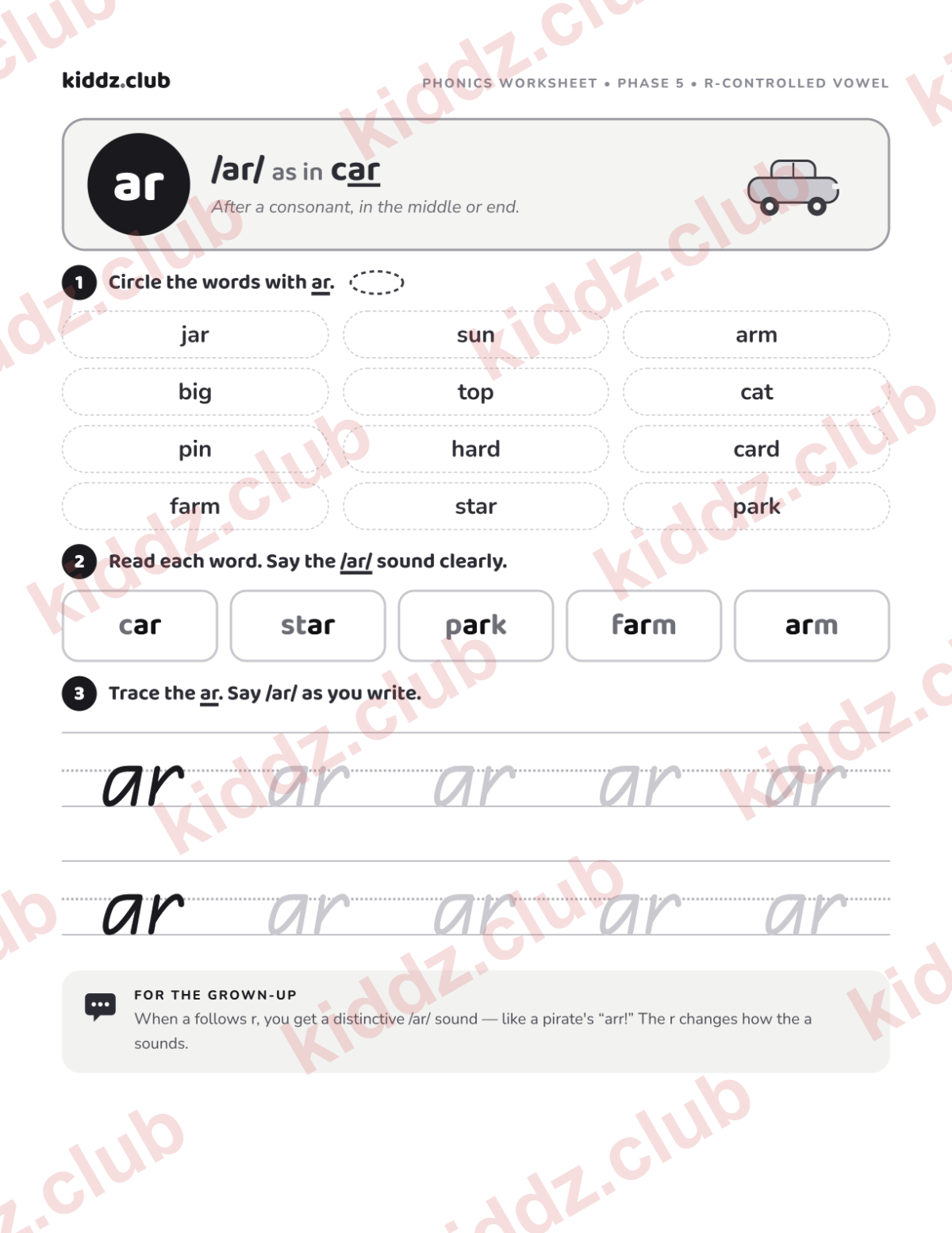 ar phonics worksheet — free printable phonics worksheet preview from Kiddz.club
