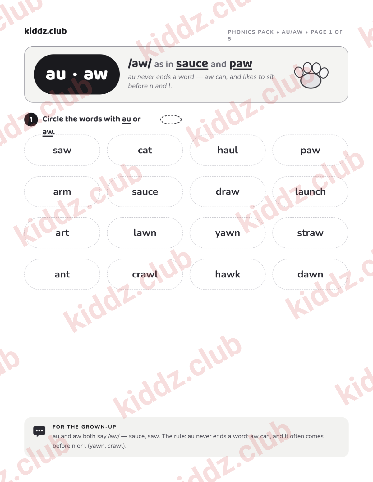 Preview of the free printable au and aw phonics activity pack