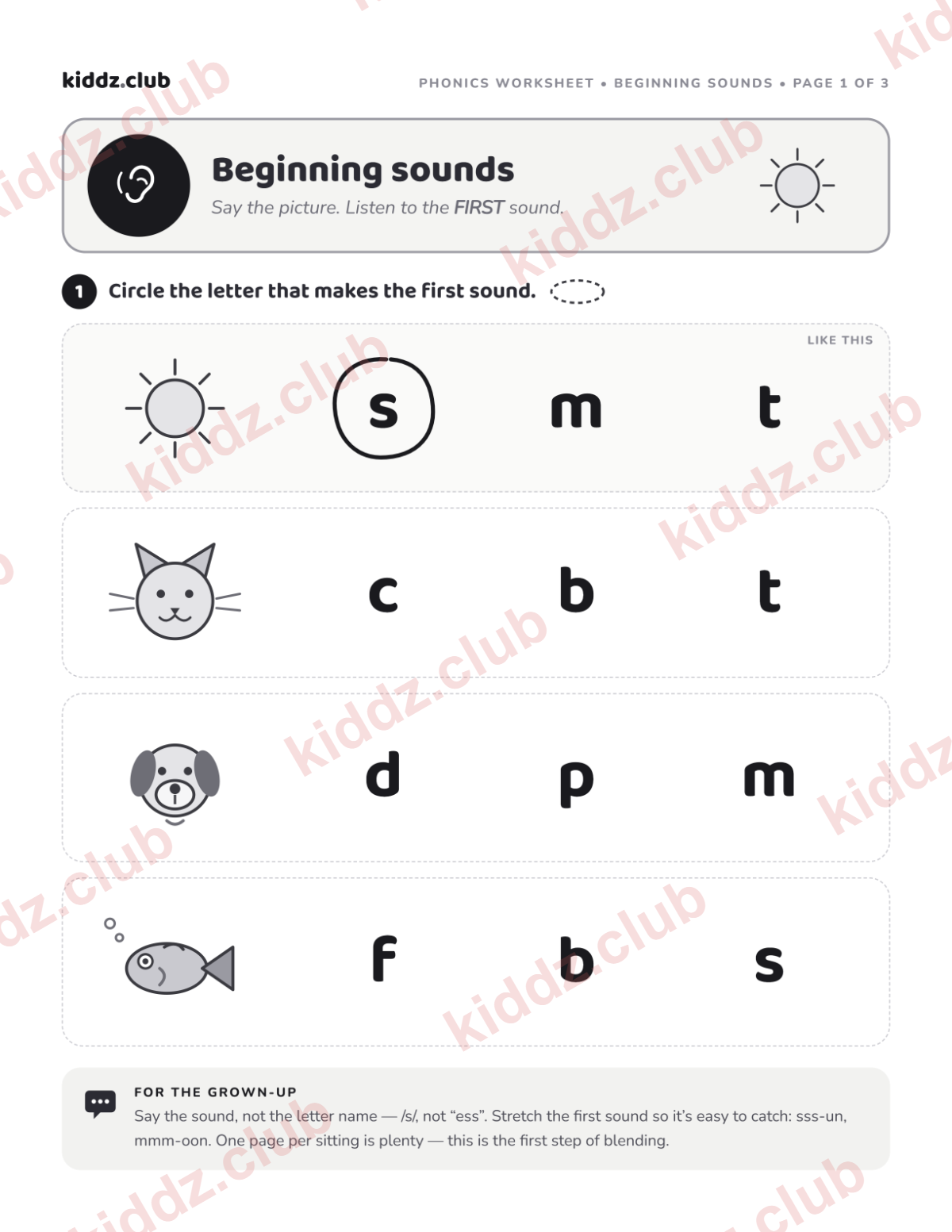 Preview of the free printable beginning sounds phonics worksheets