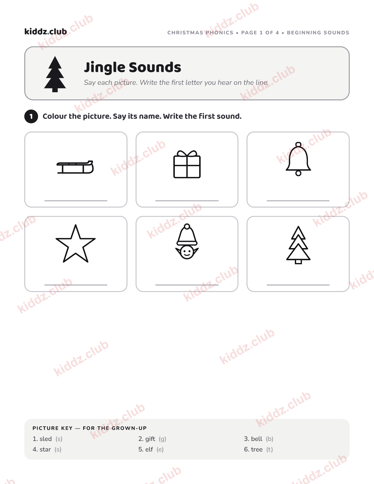 Preview of the free printable Christmas phonics worksheet from Kiddz.club