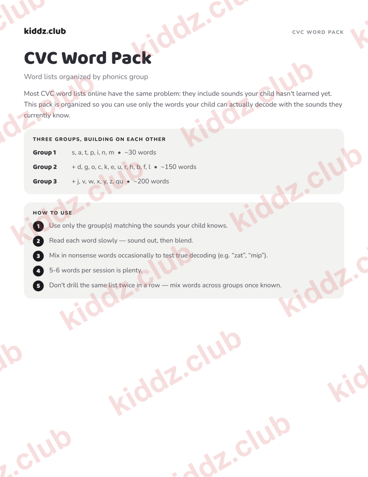 Preview of the first page of the CVC Word Pack