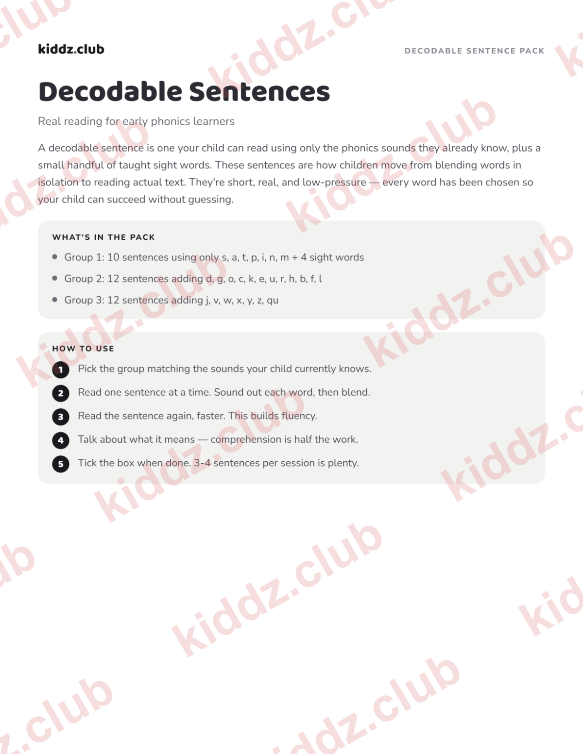 Preview of the first page of the Decodable Sentence Pack