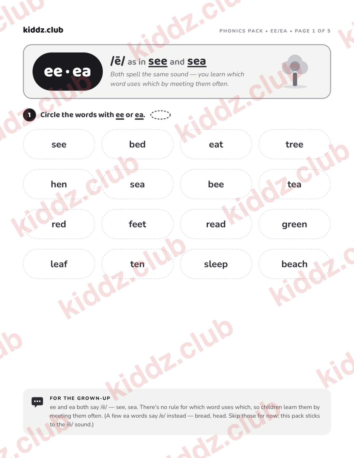 Preview of the free printable ee and ea phonics activity pack