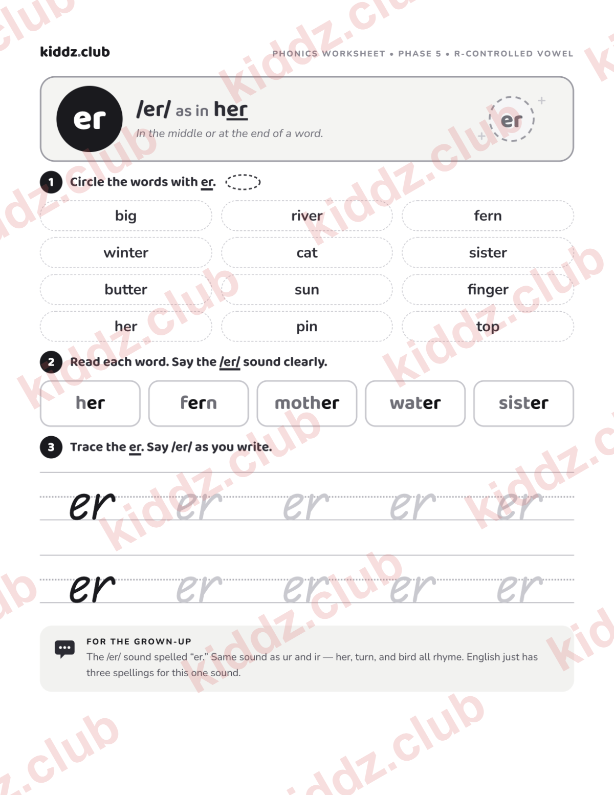 er phonics worksheet — free printable phonics worksheet preview from Kiddz.club