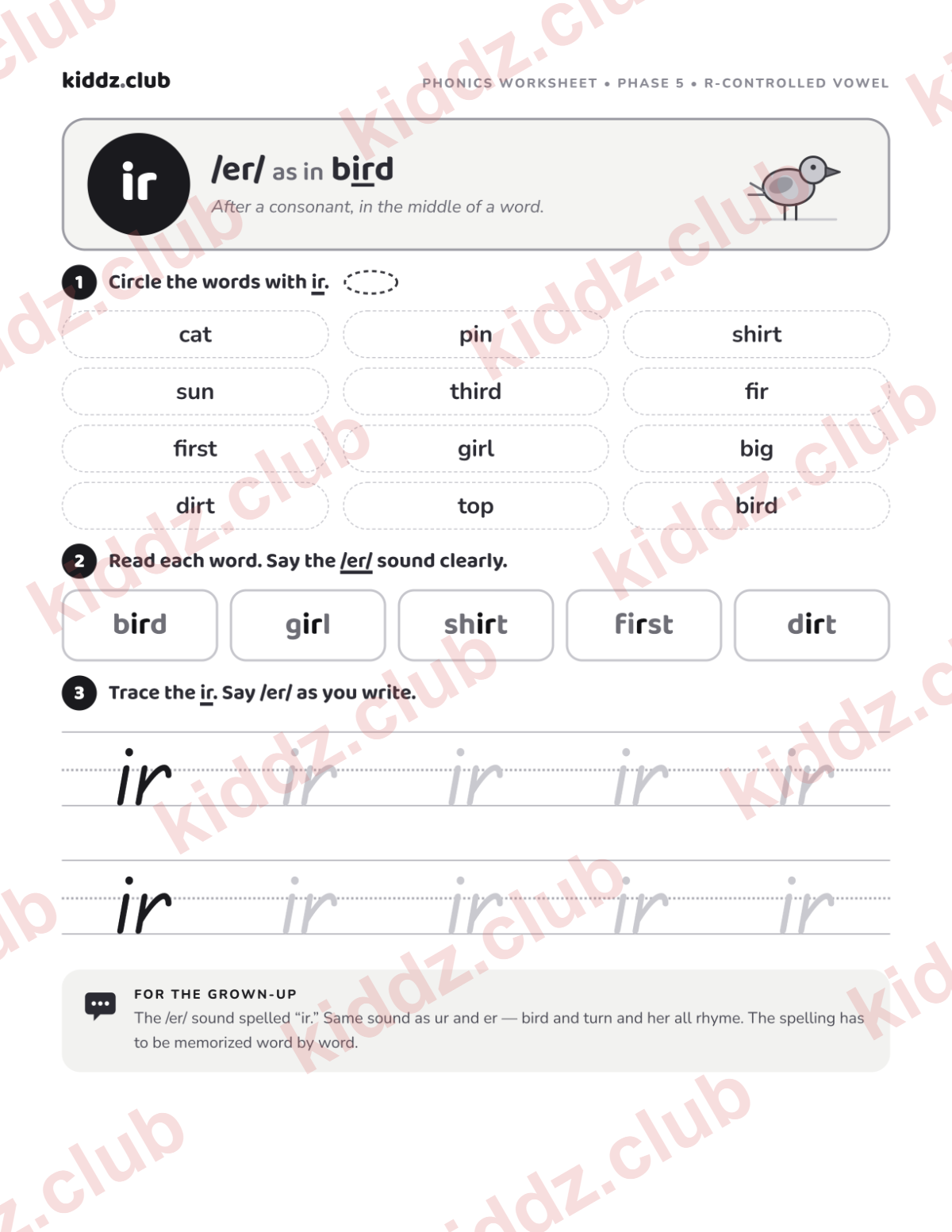 ir phonics worksheet — free printable phonics worksheet preview from Kiddz.club