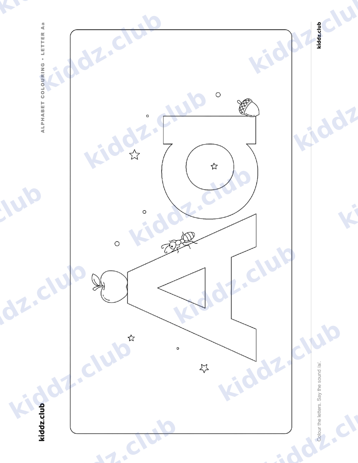 Letter A phonics coloring page — free printable phonics worksheet preview from Kiddz.club