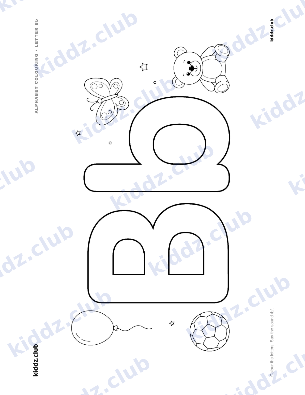 Letter B phonics coloring page — free printable phonics worksheet preview from Kiddz.club