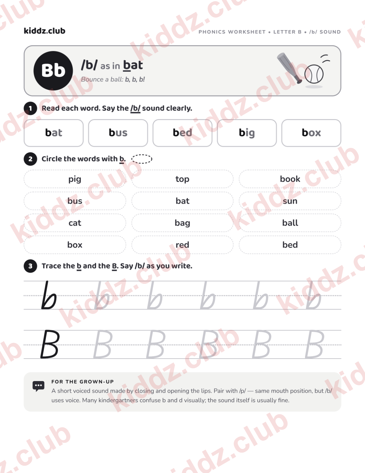 Letter B phonics worksheet — free printable phonics worksheet preview from Kiddz.club