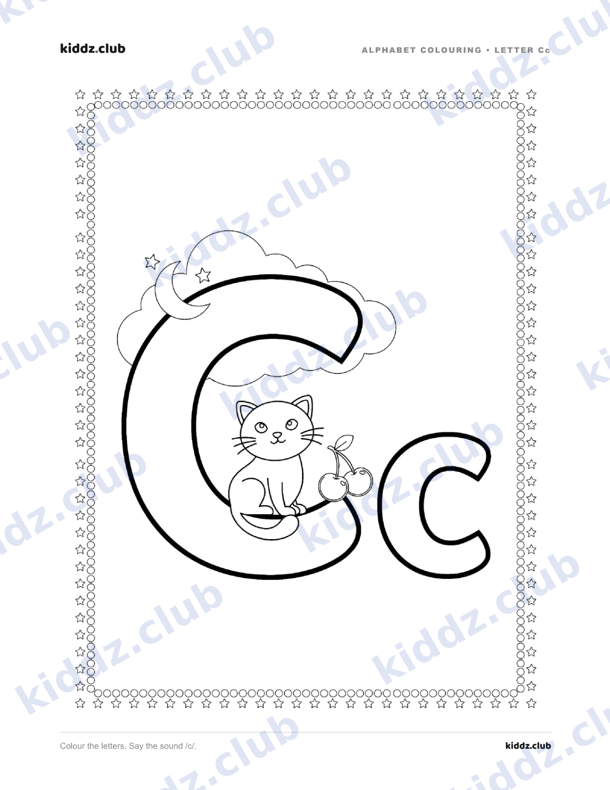Letter C phonics coloring page — free printable phonics worksheet preview from Kiddz.club