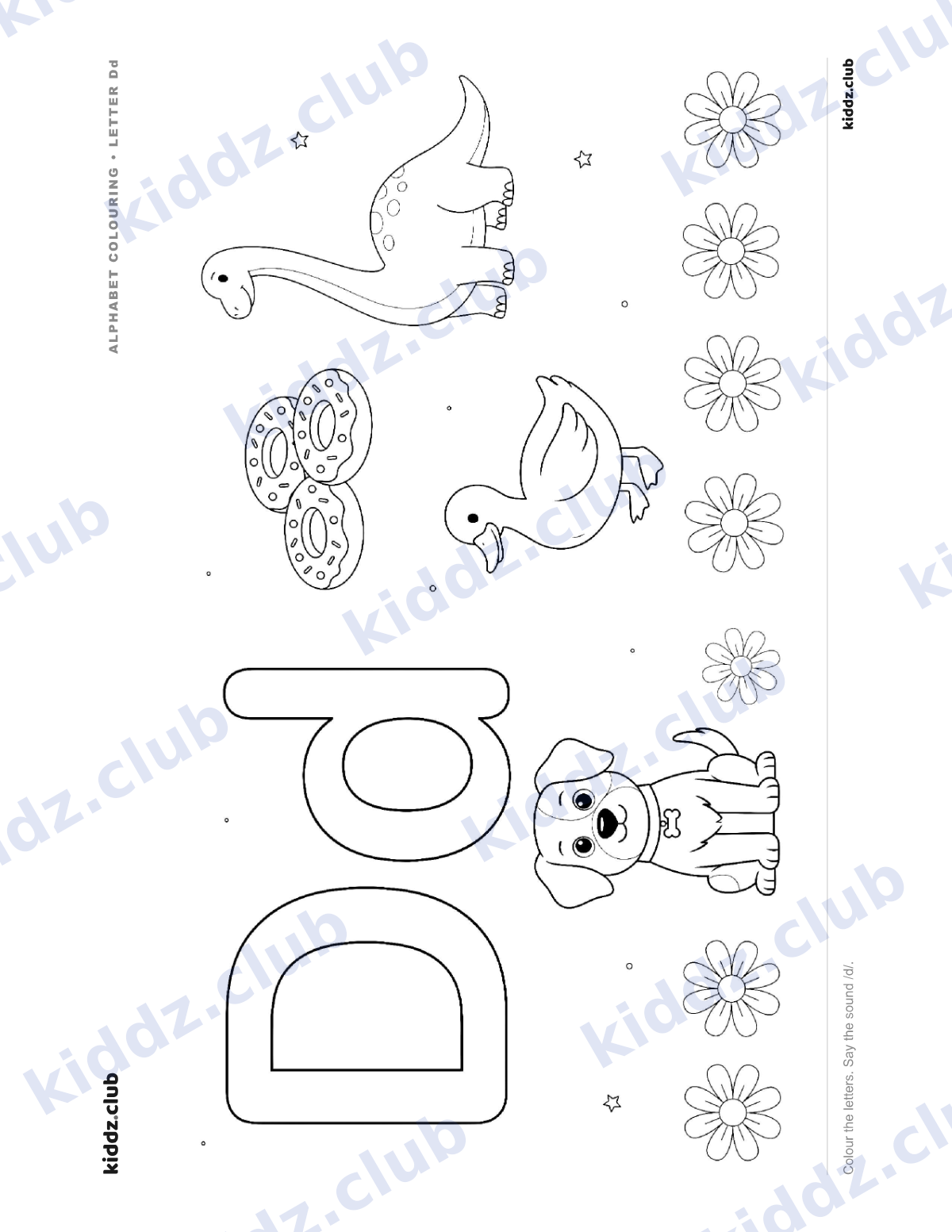 Letter D phonics coloring page — free printable phonics worksheet preview from Kiddz.club