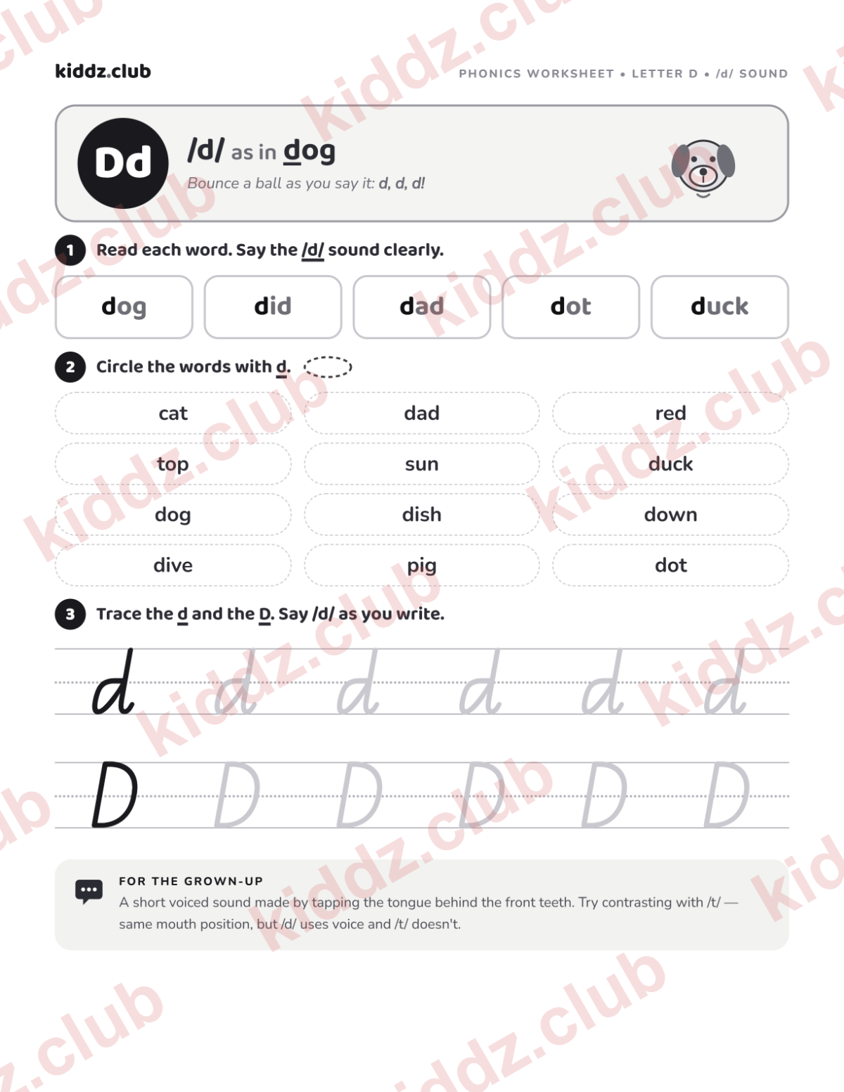 Letter D phonics worksheet — free printable phonics worksheet preview from Kiddz.club