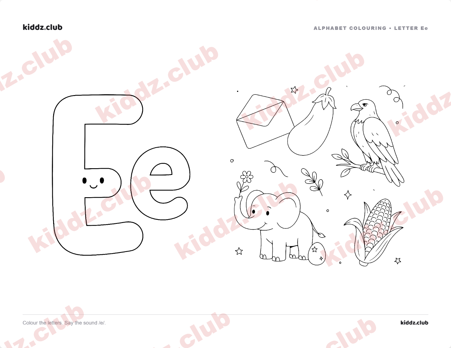 Letter E phonics coloring page — free printable phonics worksheet preview from Kiddz.club