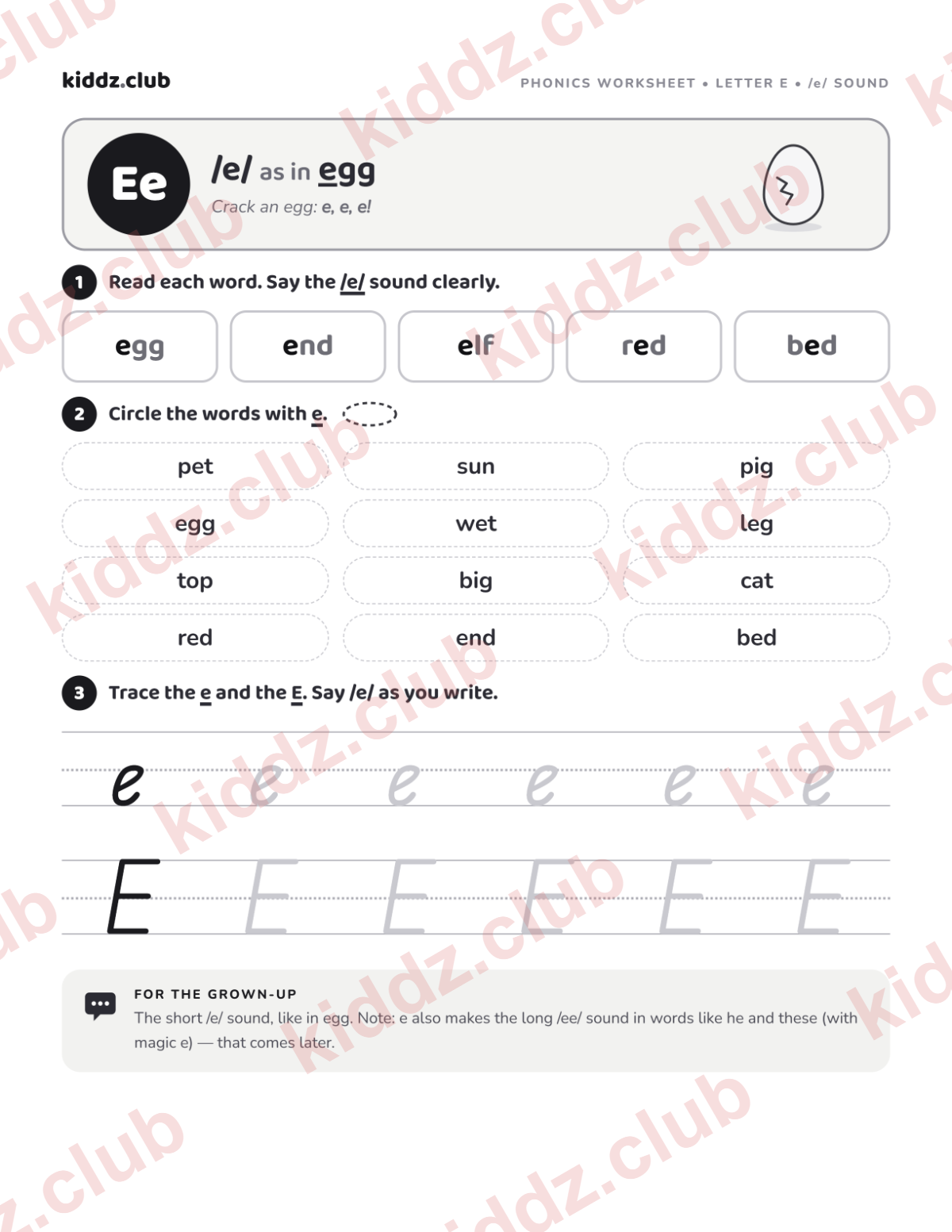 Letter E phonics worksheet — free printable phonics worksheet preview from Kiddz.club