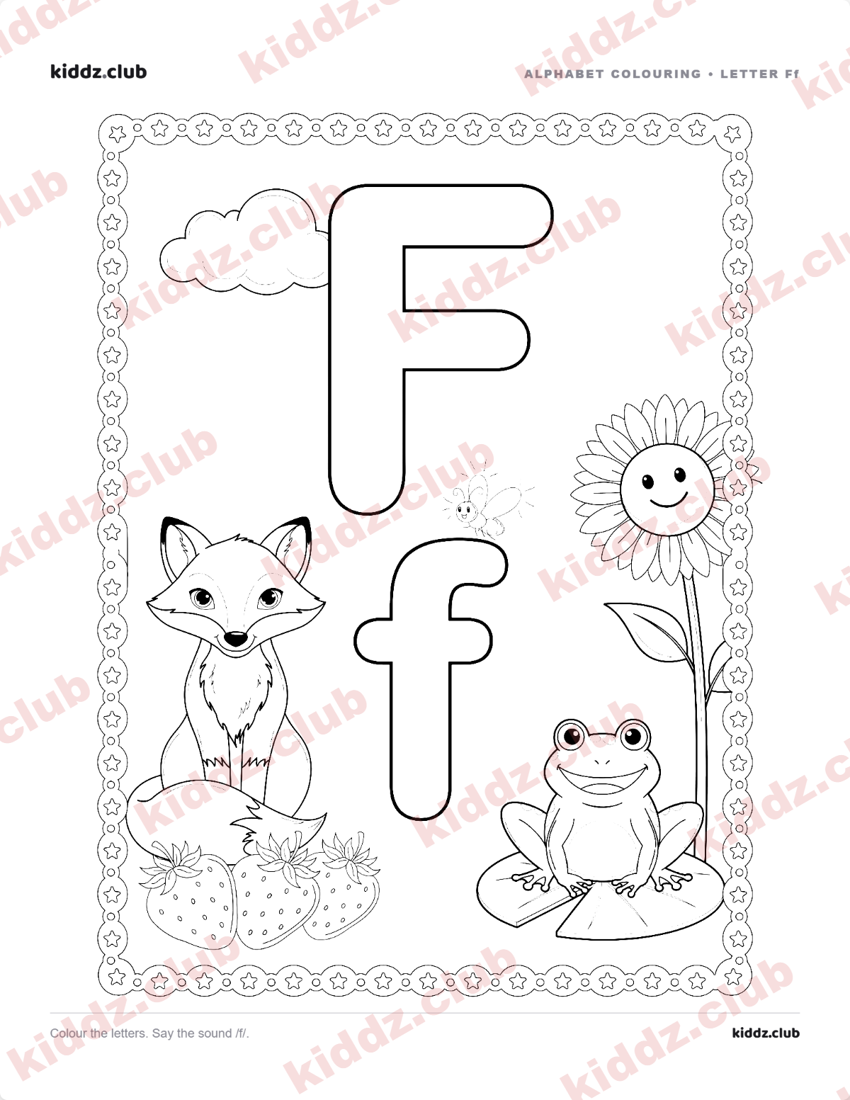 Letter F phonics coloring page — free printable phonics worksheet preview from Kiddz.club