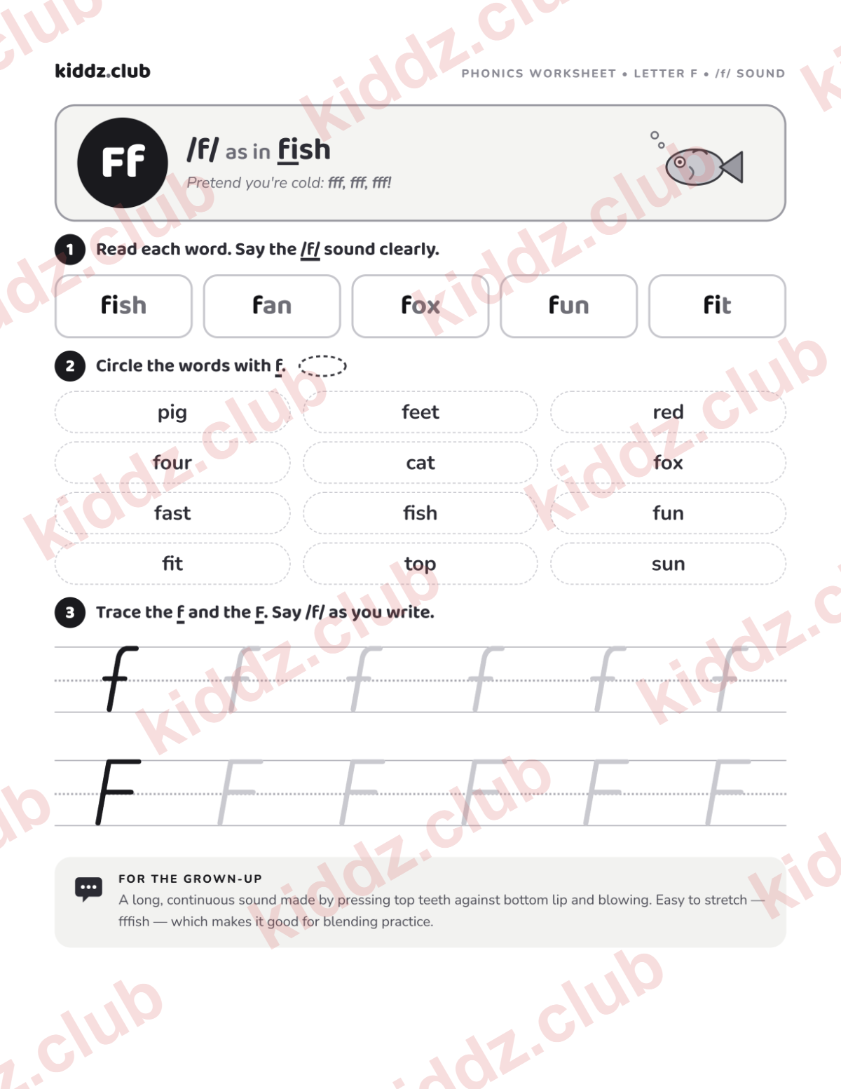 Letter F phonics worksheet — free printable phonics worksheet preview from Kiddz.club