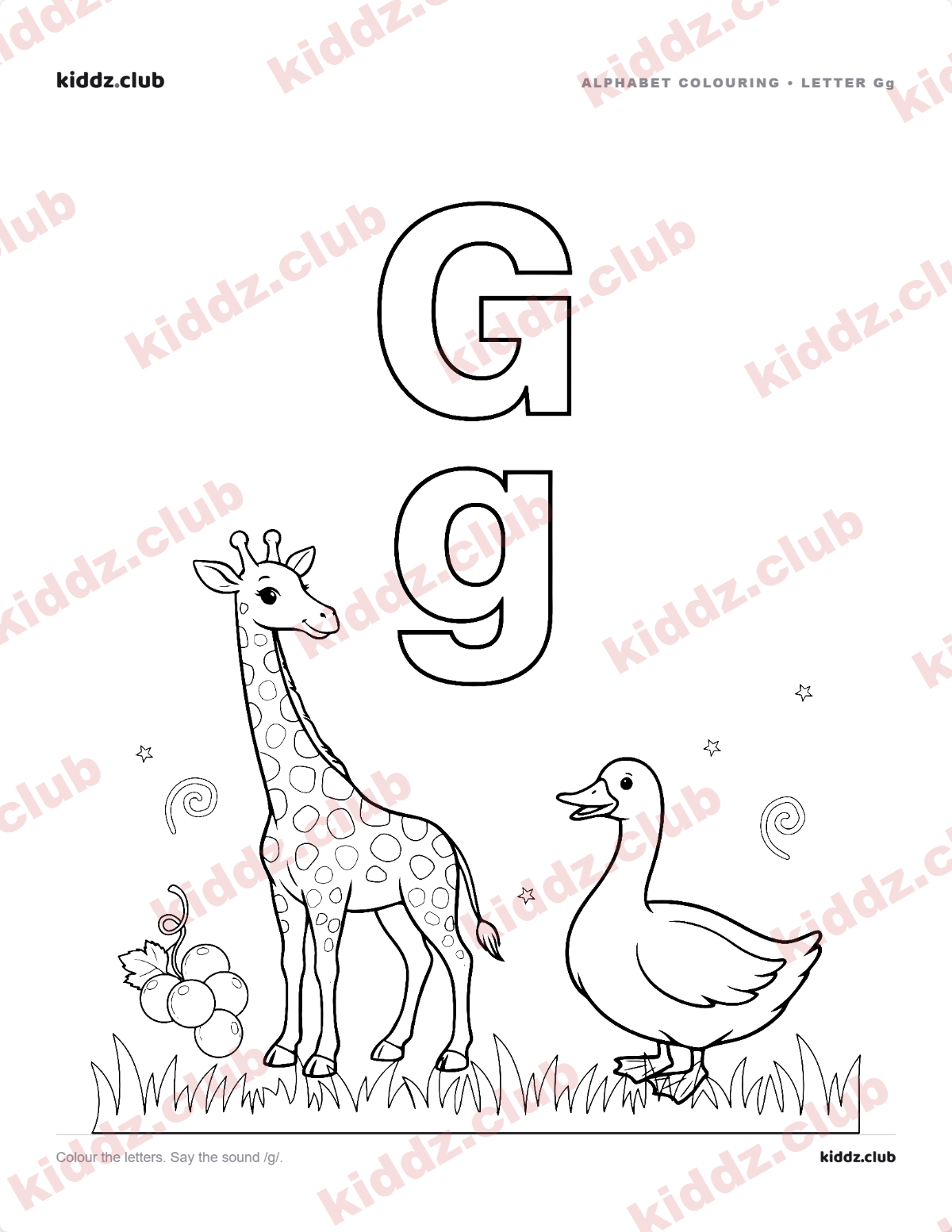 Letter G phonics coloring page — free printable phonics worksheet preview from Kiddz.club