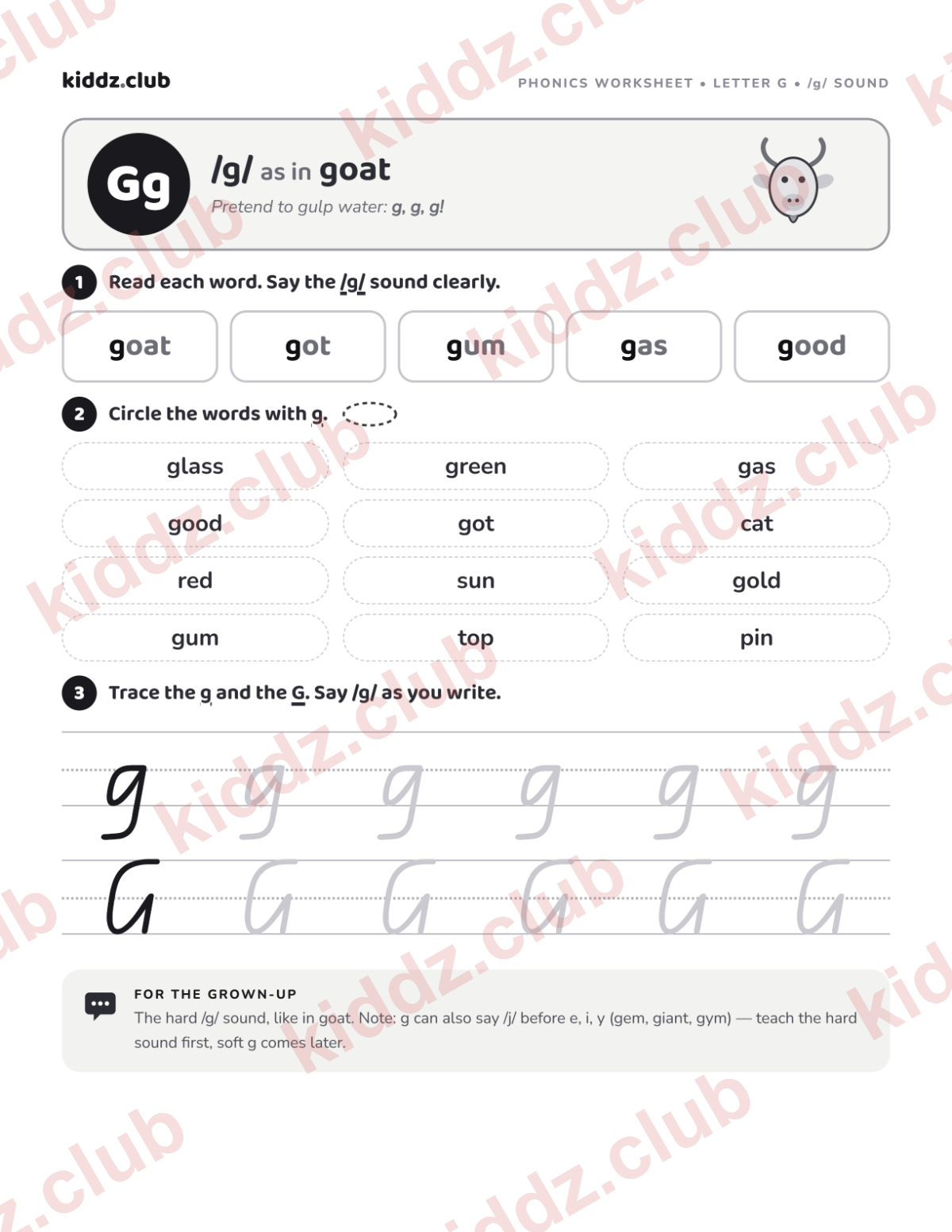 Letter G phonics worksheet — free printable phonics worksheet preview from Kiddz.club