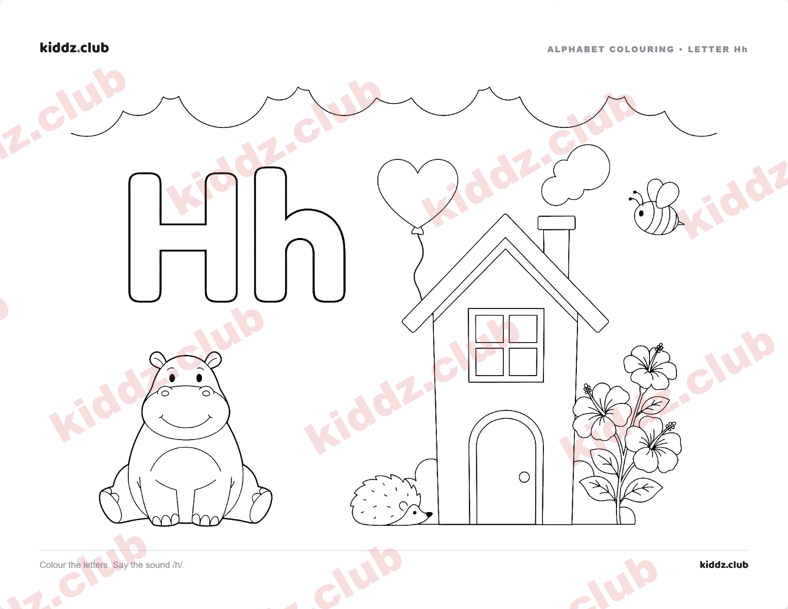 Letter H phonics coloring page — free printable phonics worksheet preview from Kiddz.club