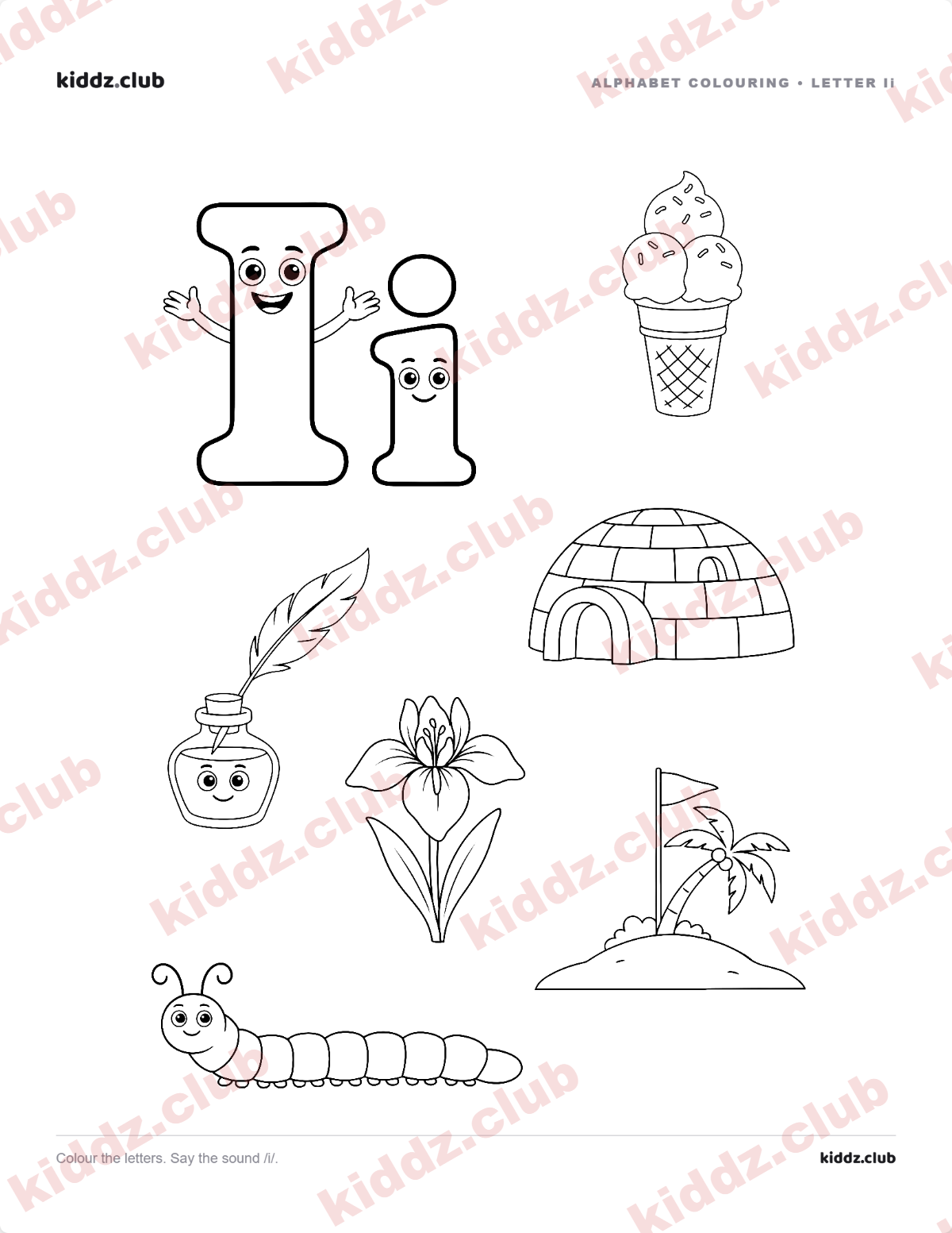Letter I phonics coloring page — free printable phonics worksheet preview from Kiddz.club