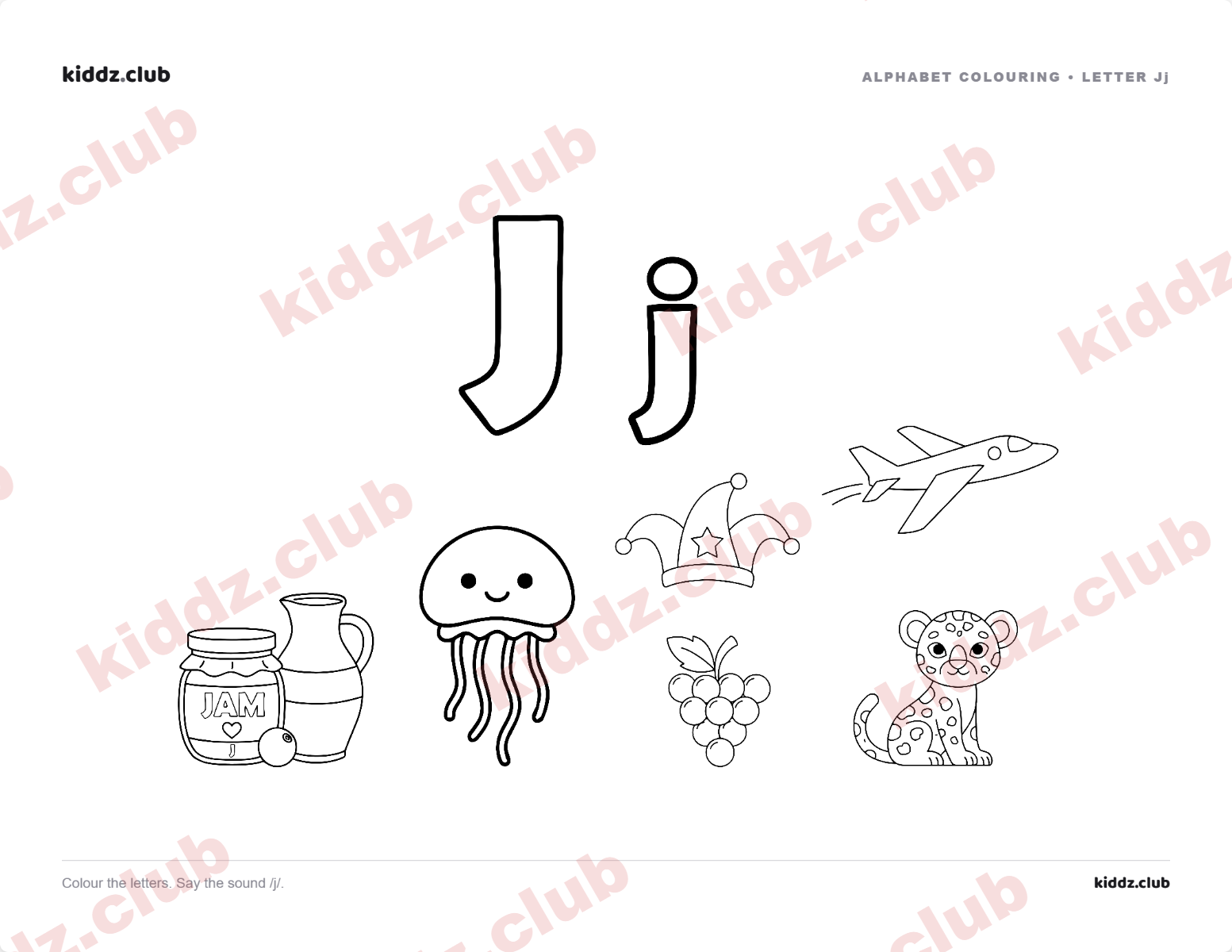 Letter J phonics coloring page — free printable phonics worksheet preview from Kiddz.club