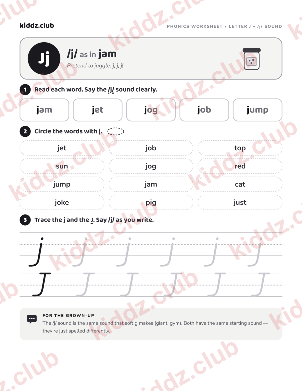Letter J phonics worksheet — free printable phonics worksheet preview from Kiddz.club
