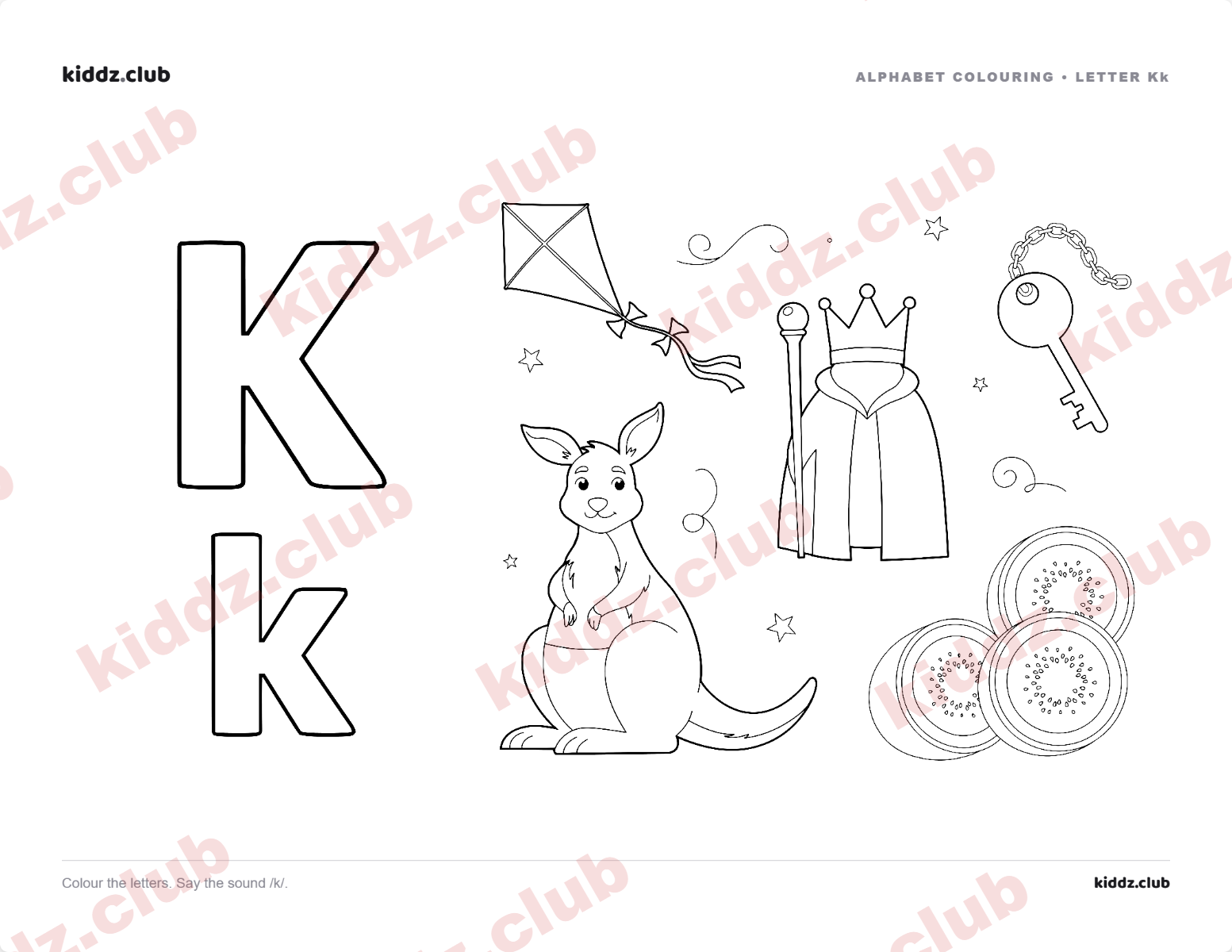 Letter K phonics coloring page — free printable phonics worksheet preview from Kiddz.club