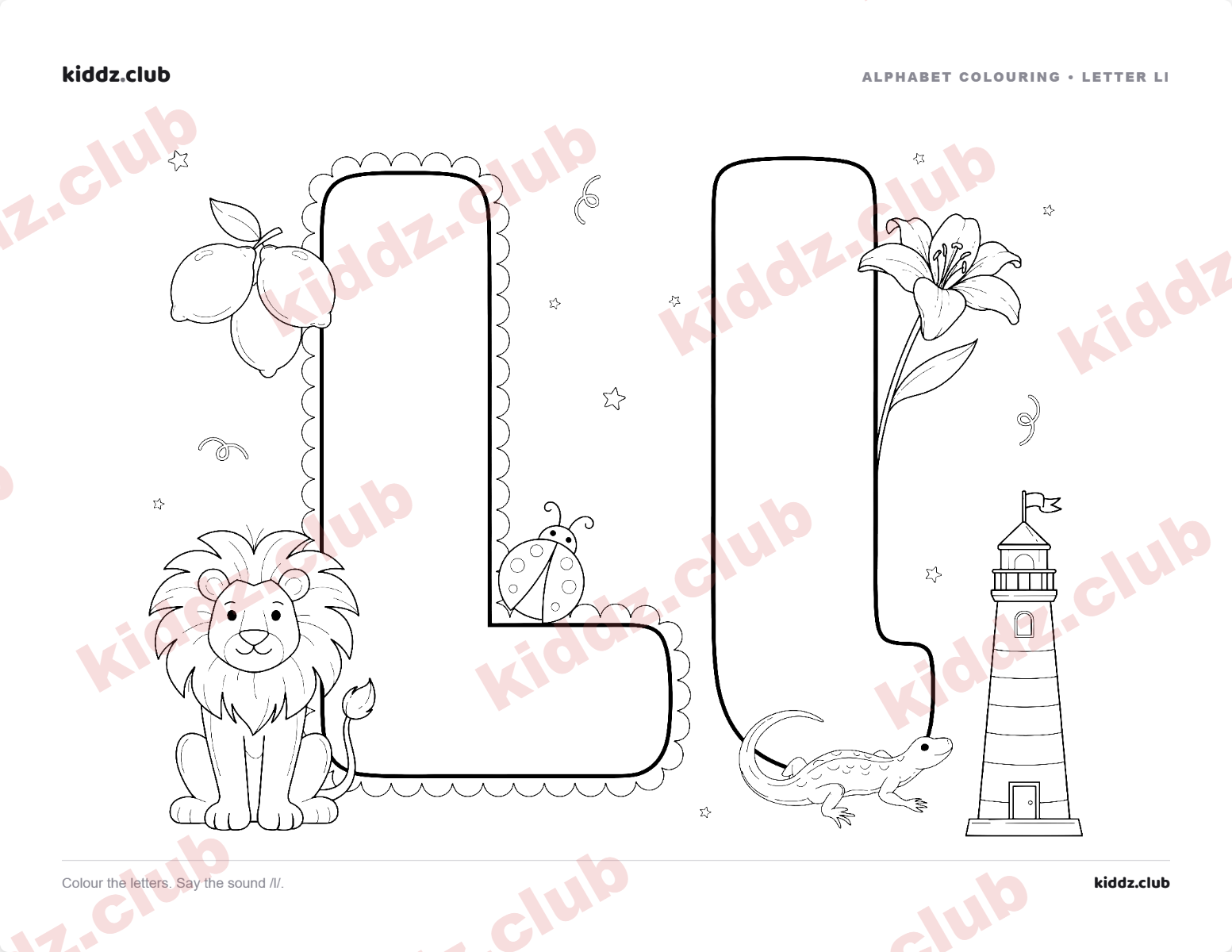 Letter L phonics coloring page — free printable phonics worksheet preview from Kiddz.club