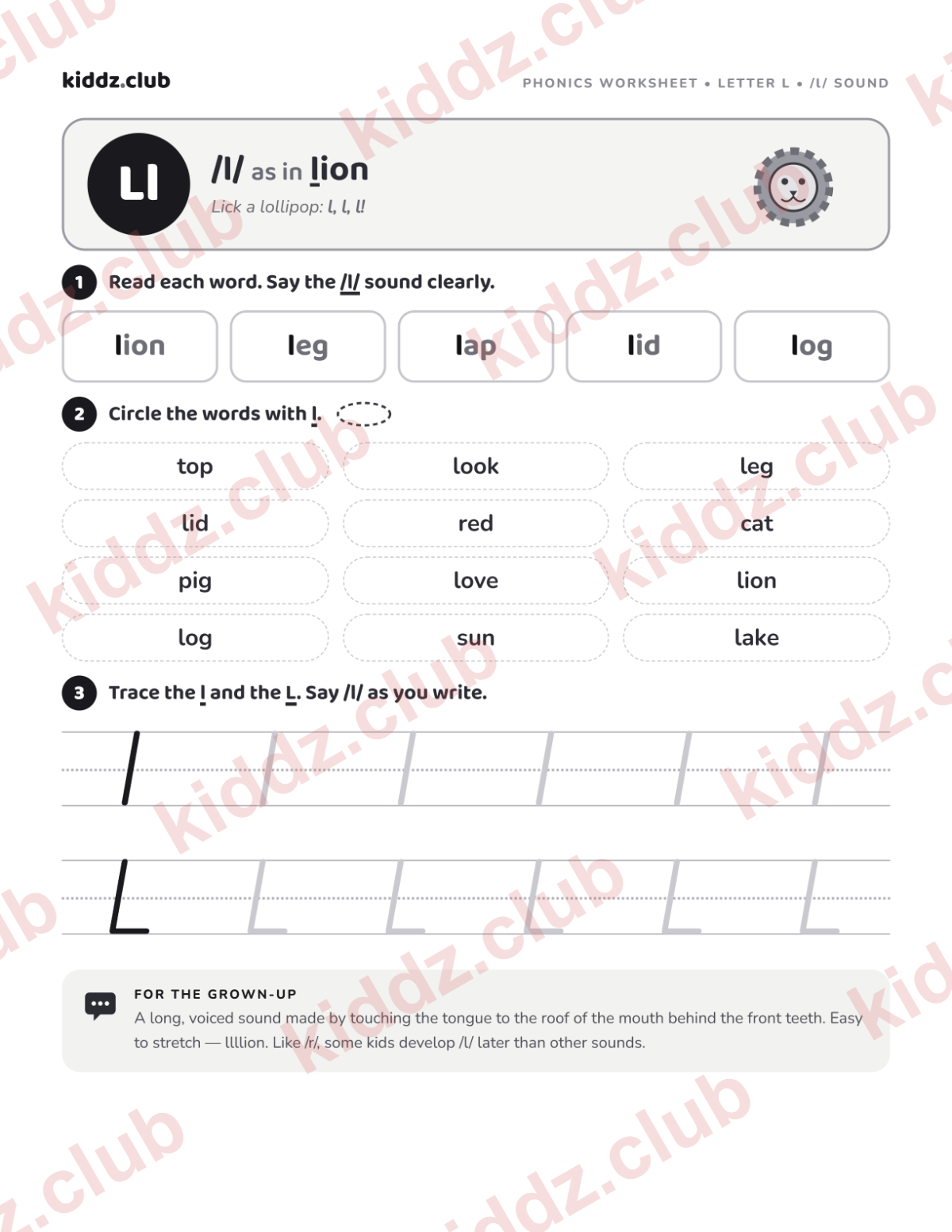 Letter L phonics worksheet — free printable phonics worksheet preview from Kiddz.club