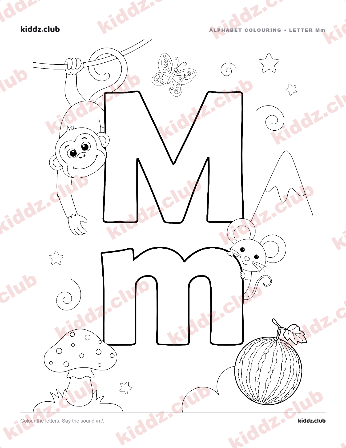 Letter M phonics coloring page — free printable phonics worksheet preview from Kiddz.club