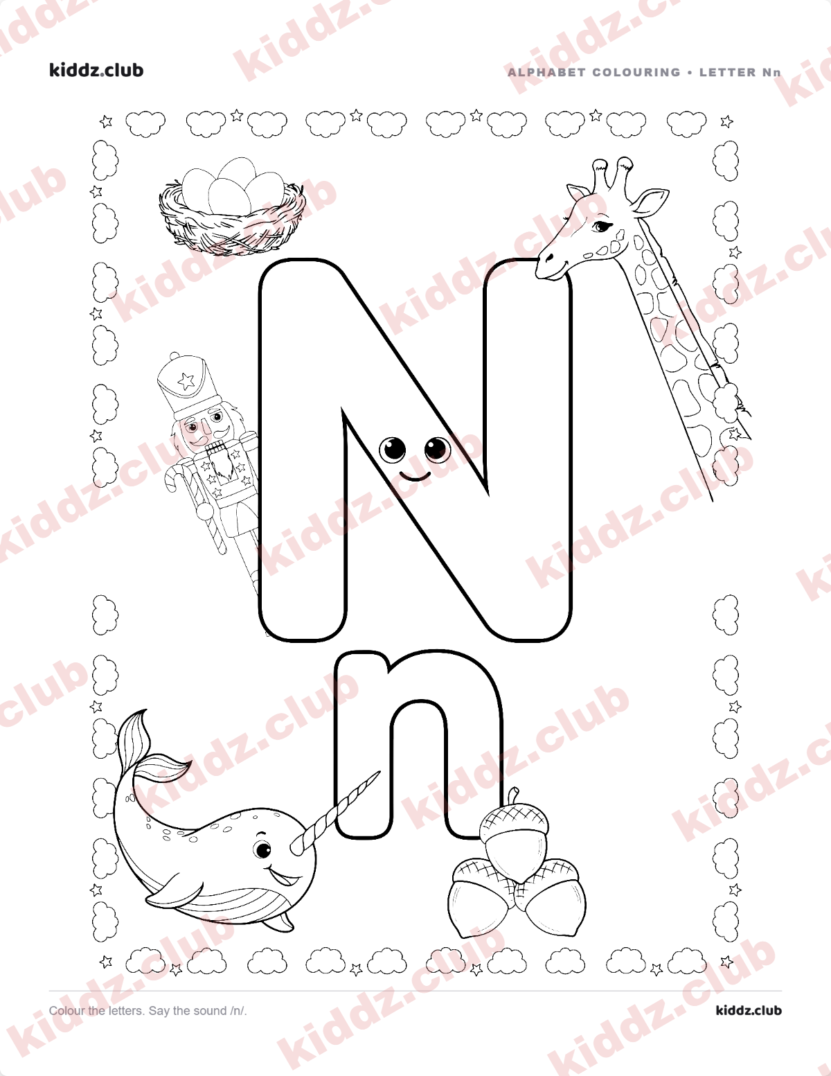 Letter N phonics coloring page — free printable phonics worksheet preview from Kiddz.club
