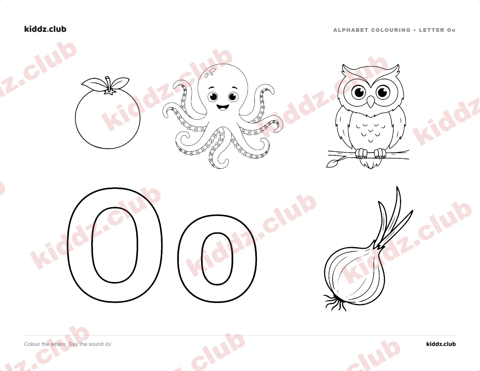 Letter O phonics coloring page — free printable phonics worksheet preview from Kiddz.club