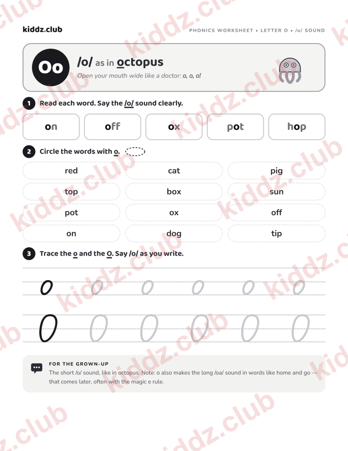 Letter O phonics worksheet — free printable phonics worksheet preview from Kiddz.club