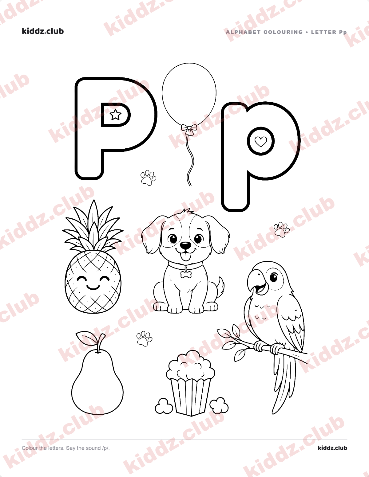 Letter P phonics coloring page — free printable phonics worksheet preview from Kiddz.club