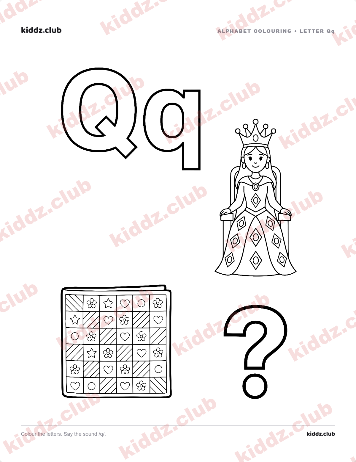 Letter Q phonics coloring page — free printable phonics worksheet preview from Kiddz.club