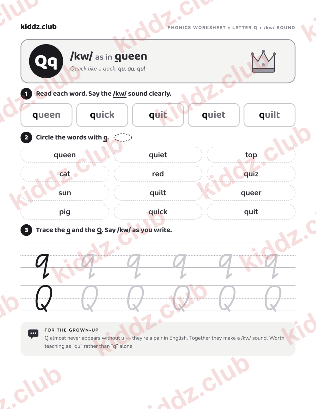 Letter Q phonics worksheet — free printable phonics worksheet preview from Kiddz.club