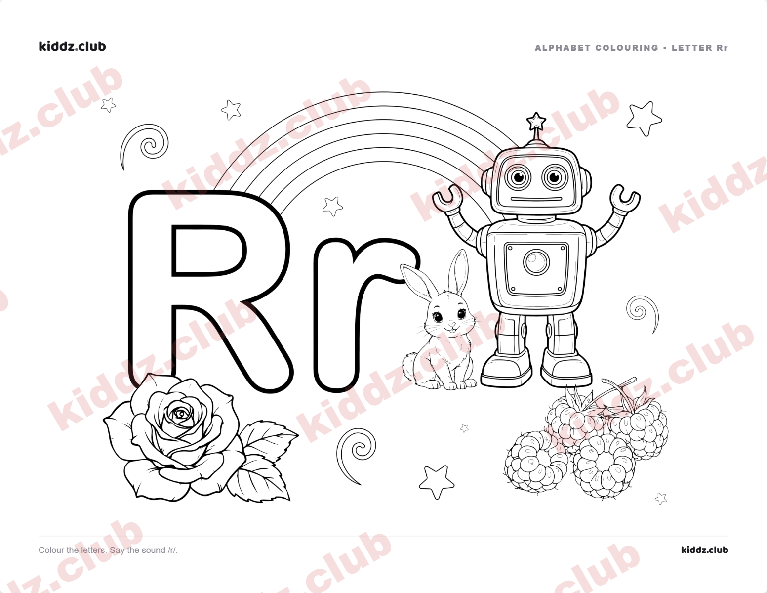 Letter R phonics coloring page — free printable phonics worksheet preview from Kiddz.club