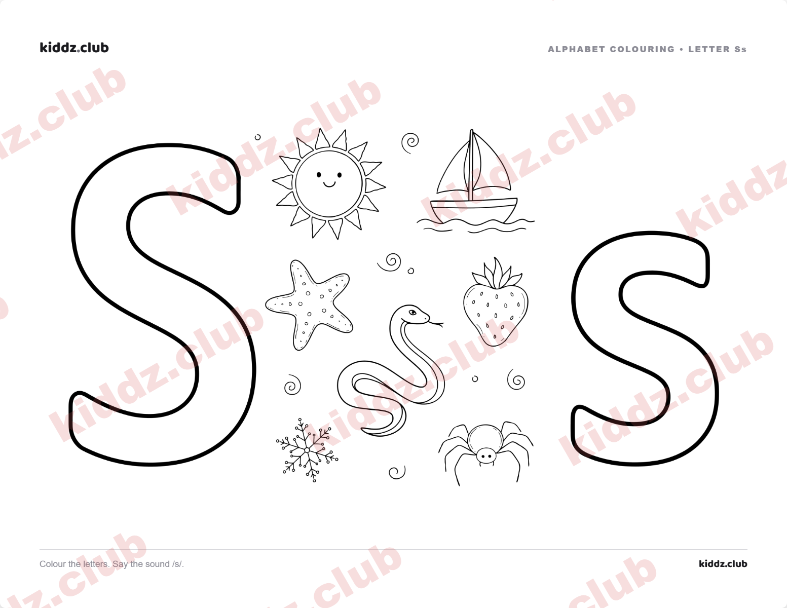 Letter S phonics coloring page — free printable phonics worksheet preview from Kiddz.club