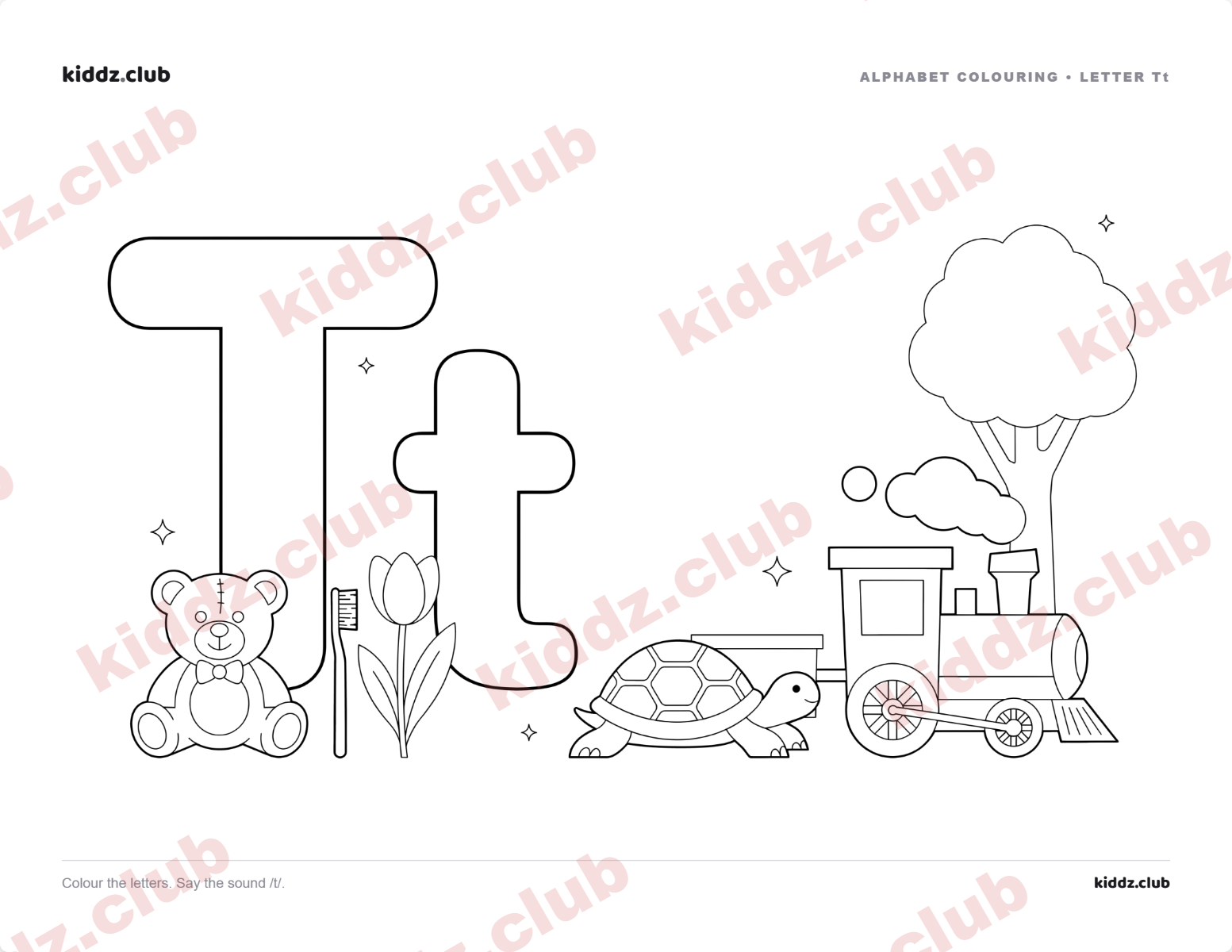 Letter T phonics coloring page — free printable phonics worksheet preview from Kiddz.club