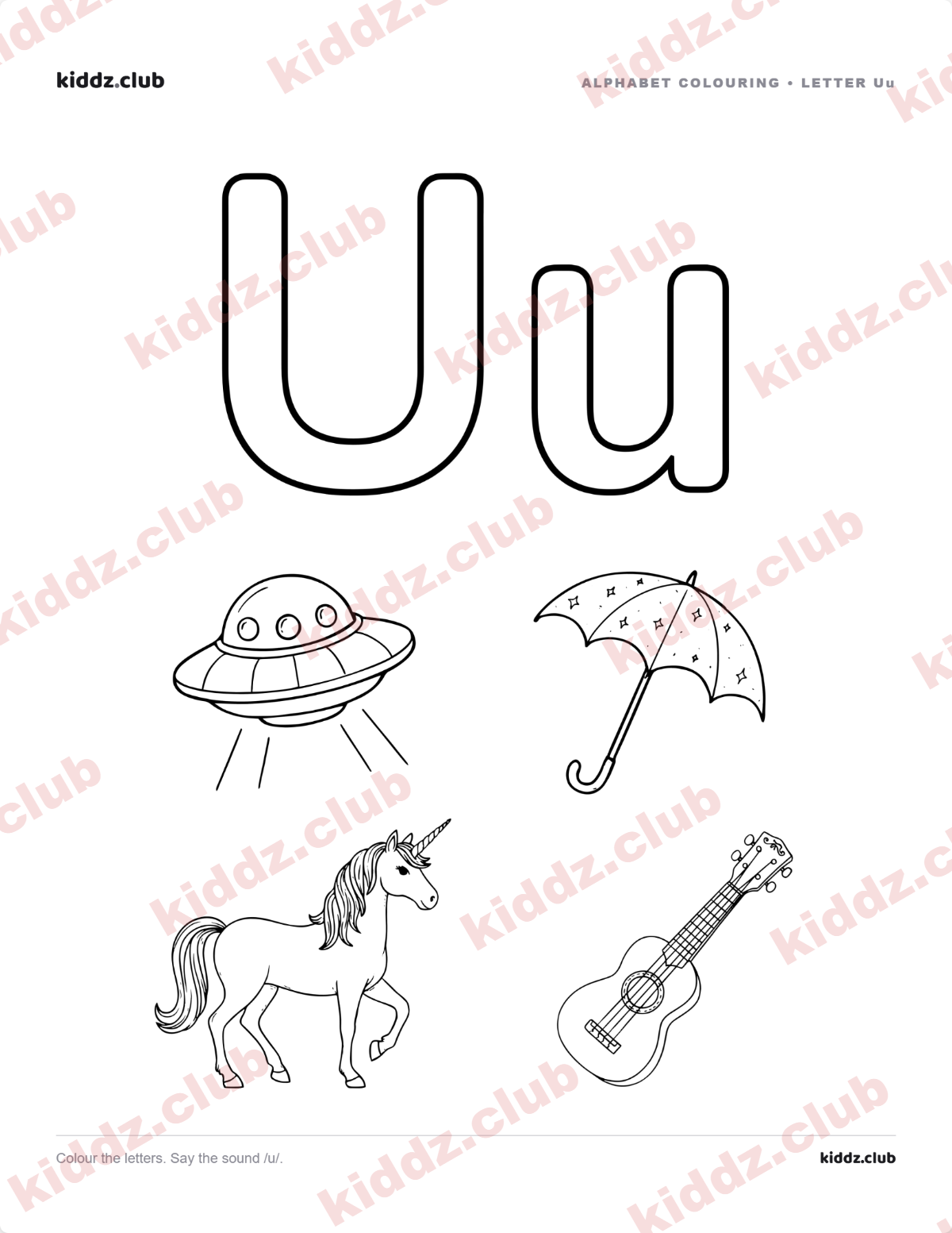 Letter U phonics coloring page — free printable phonics worksheet preview from Kiddz.club