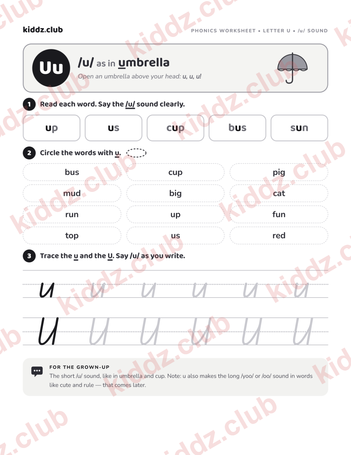 Letter U phonics worksheet — free printable phonics worksheet preview from Kiddz.club