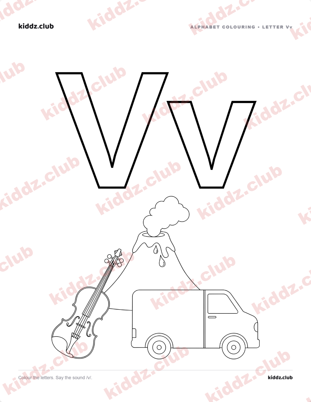 Letter V phonics coloring page — free printable phonics worksheet preview from Kiddz.club