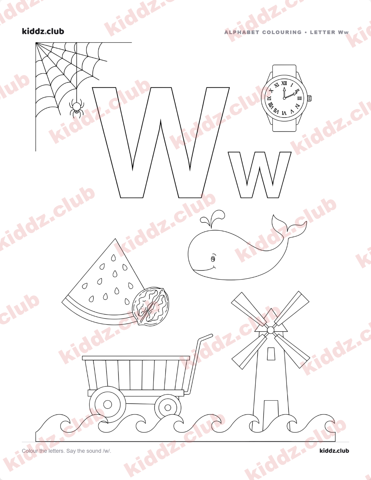 Letter W phonics coloring page — free printable phonics worksheet preview from Kiddz.club