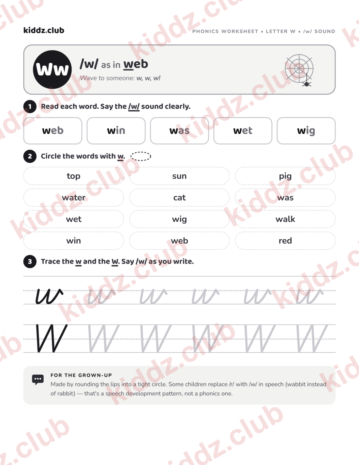 Letter W phonics worksheet — free printable phonics worksheet preview from Kiddz.club