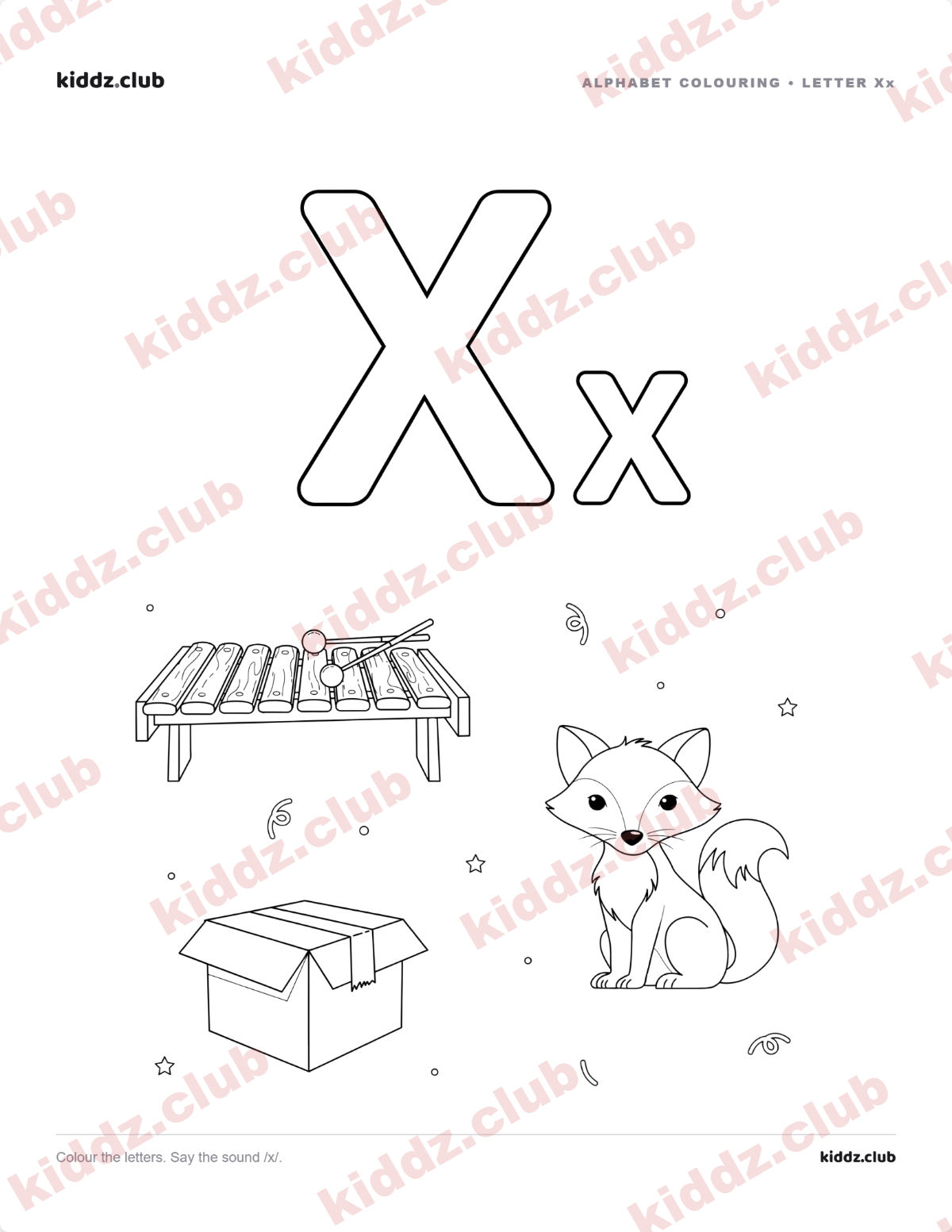 Letter X phonics coloring page — free printable phonics worksheet preview from Kiddz.club