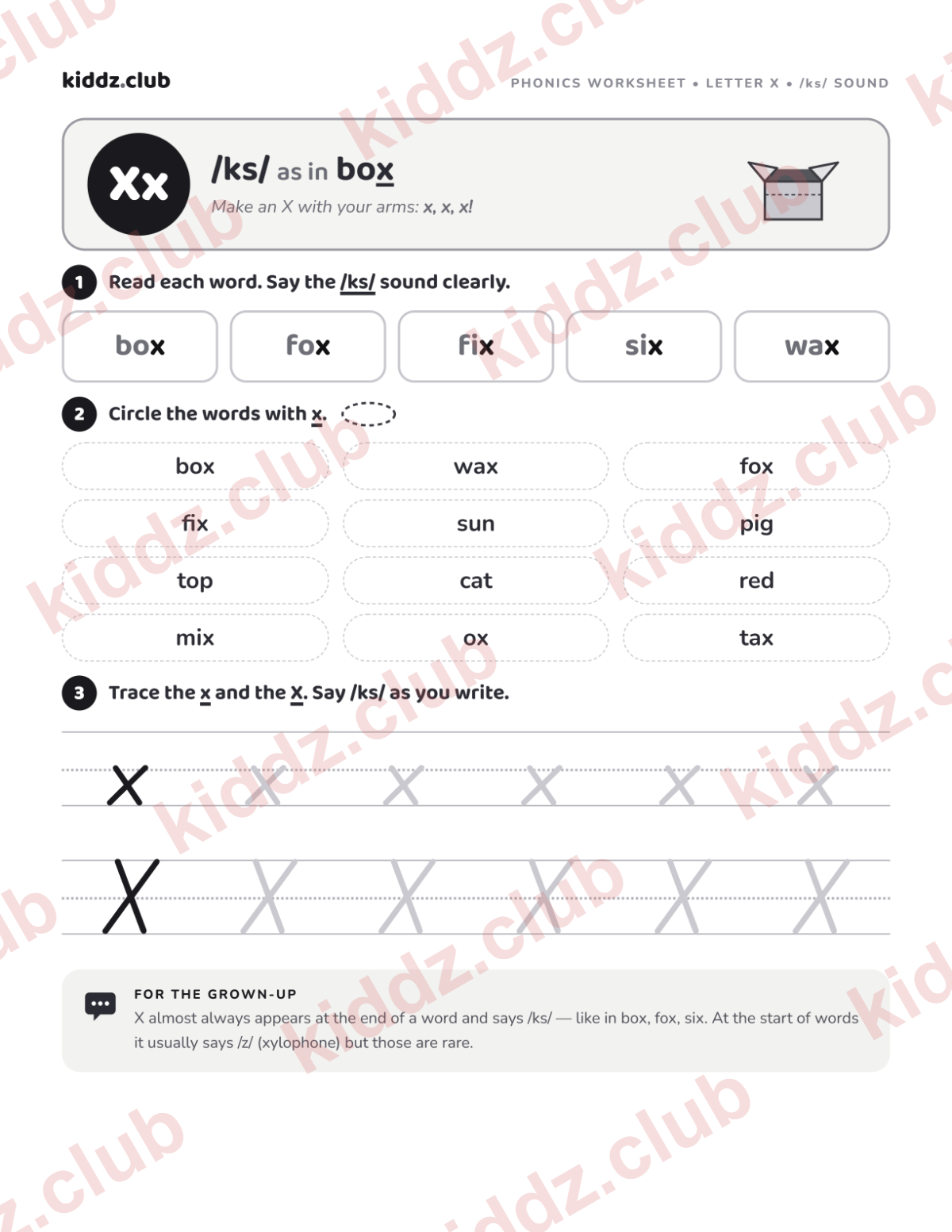 Letter X phonics worksheet — free printable phonics worksheet preview from Kiddz.club