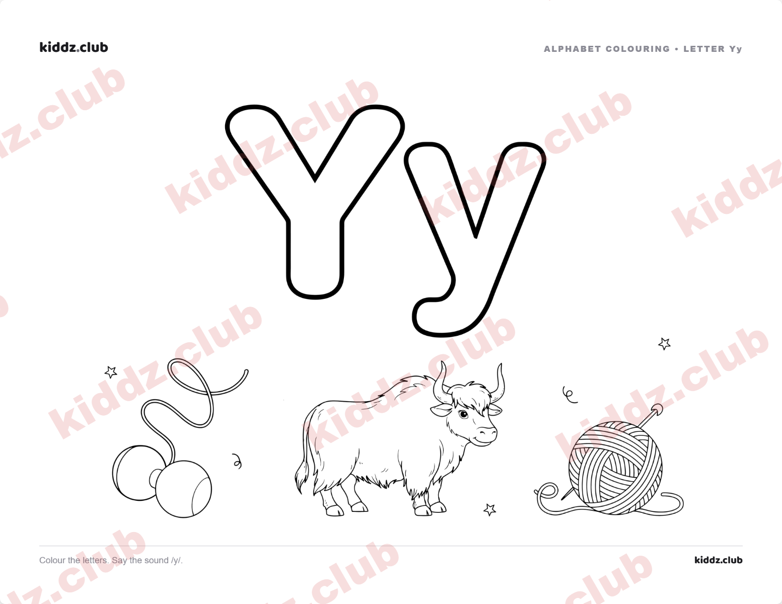 Letter Y phonics coloring page — free printable phonics worksheet preview from Kiddz.club