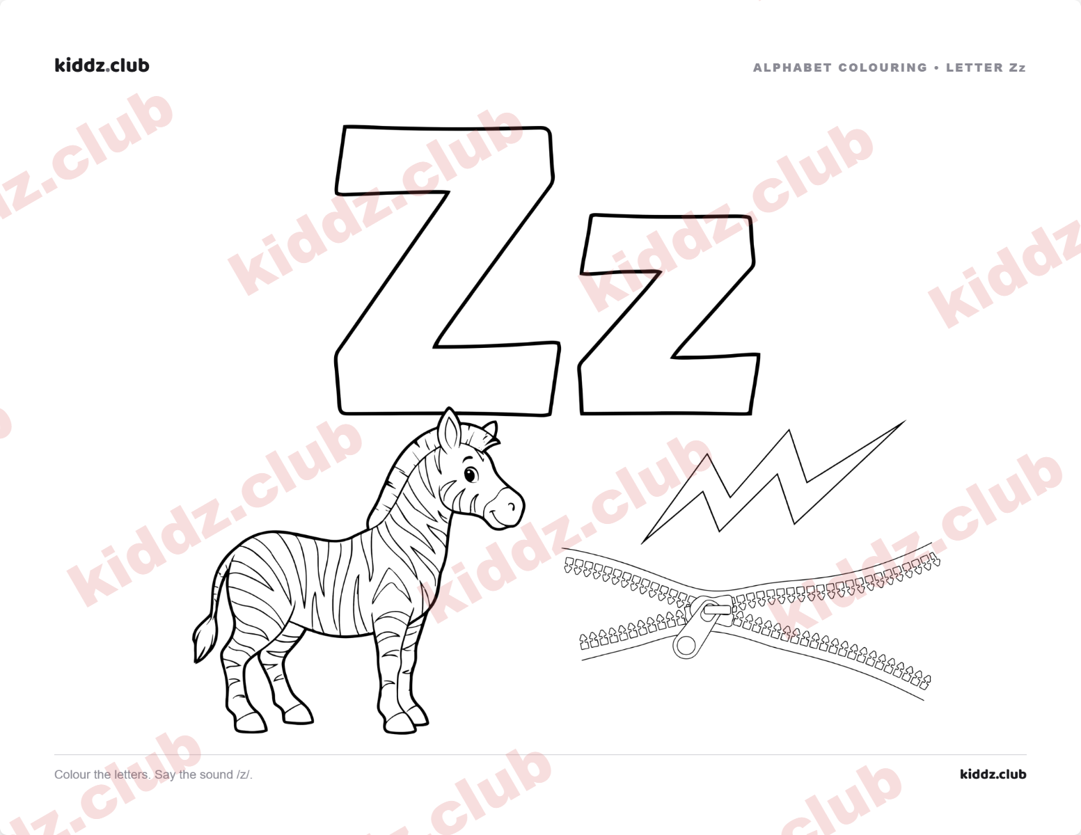 Letter Z phonics coloring page — free printable phonics worksheet preview from Kiddz.club