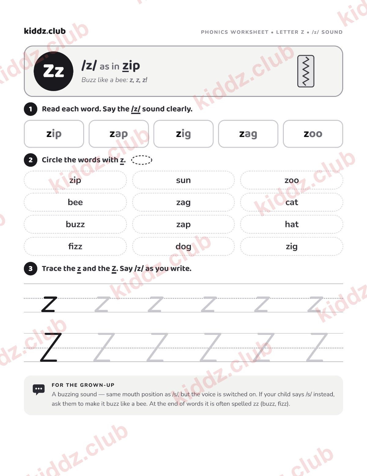 Letter Z phonics worksheet — free printable phonics worksheet preview from Kiddz.club